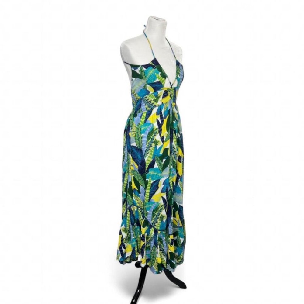 Aerie Tropical Palm Leaf Halter Maxi Dress Medium NWT Boho Tassel Coastal V-Neck